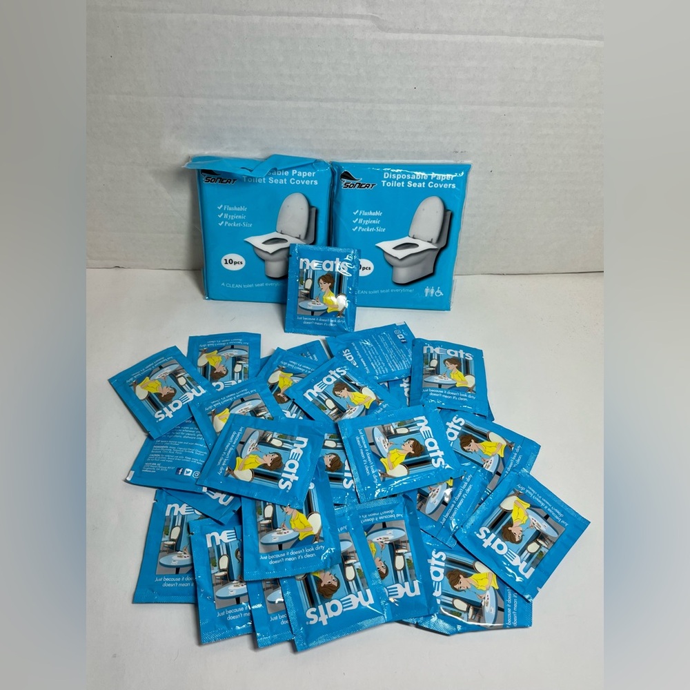 (NEW) BUNDLE - SONEAT DISPOSABLE TRAVEL TOILET SEAT COVERS & NEATS TRAVEL WIPES